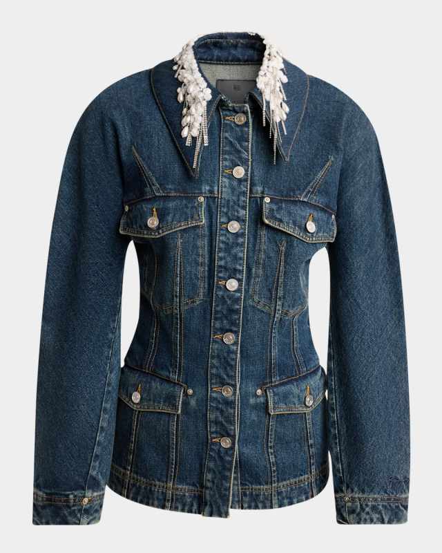Pearly Crystal Collar Denim Jacket